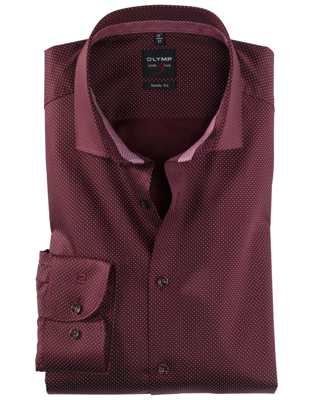 OLYMP Level5 Body Fit Sötétbordó Fehér Pöttyös Ing