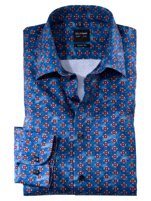 OLYMP Level5 Body Fit Kék Piros-Virágos Ing