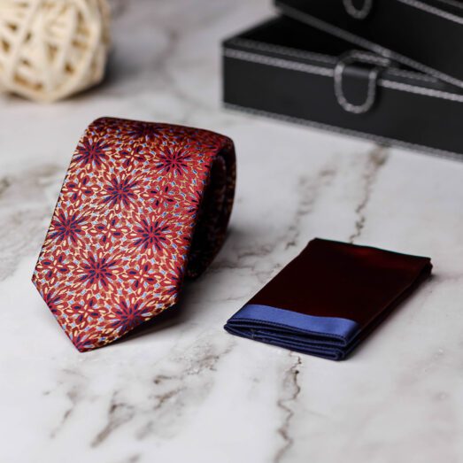 Bordó Virágmintás Nyakkendő + Díszzsebkendő