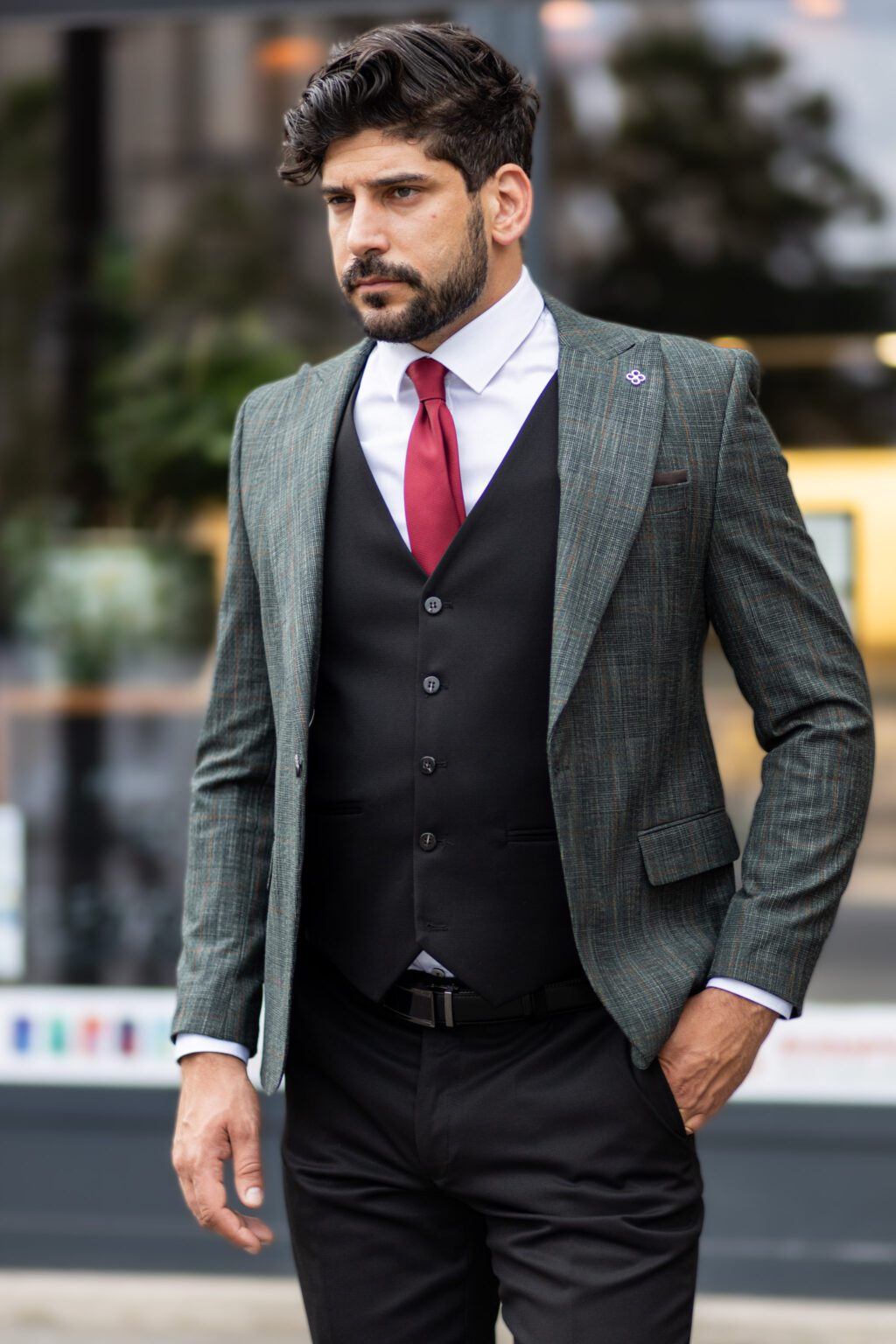 Zöld Kockás Slim Fit Öltönyzakó