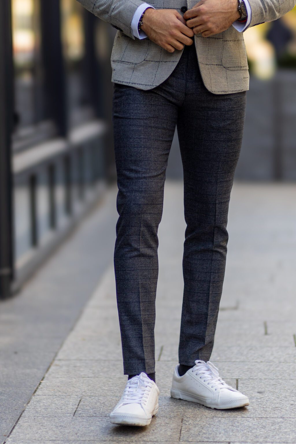 Szürke Kék Kockás Slim Fit Chino Nadrág