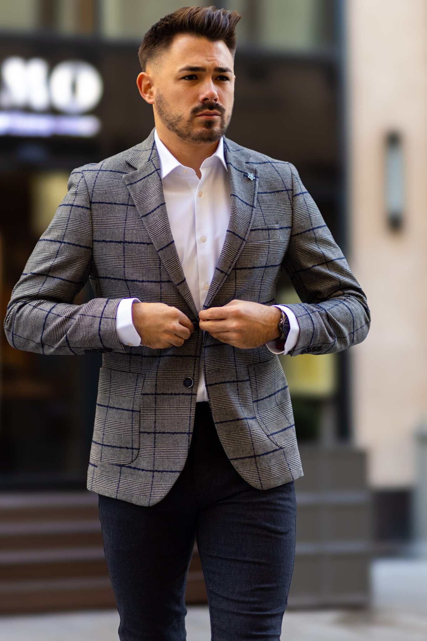 Szürke Kék Kockás Slim Fit Sportzakó Szürke Kék Kockás Slim Fit Sportzakó