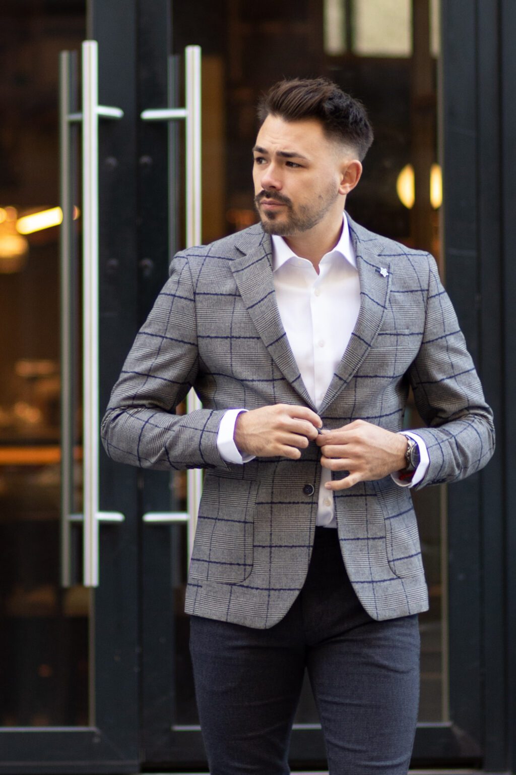 Szürke Kék Kockás Slim Fit Sportzakó