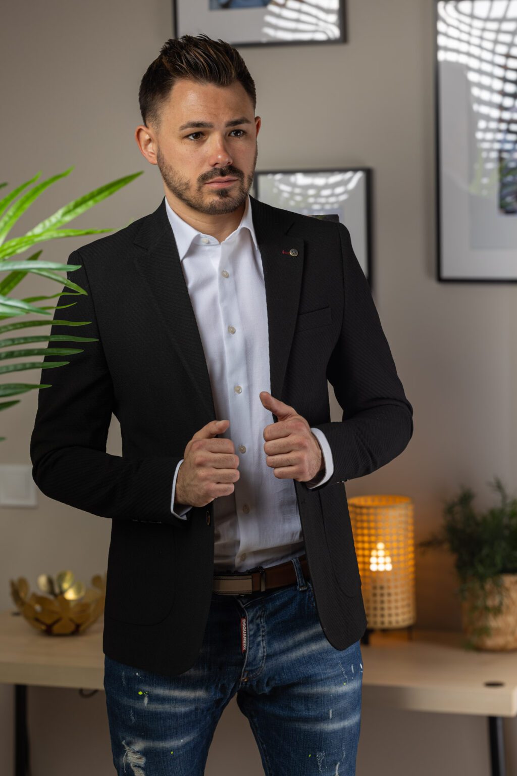 Fekete Bordázott Slim Fit Sportzakó