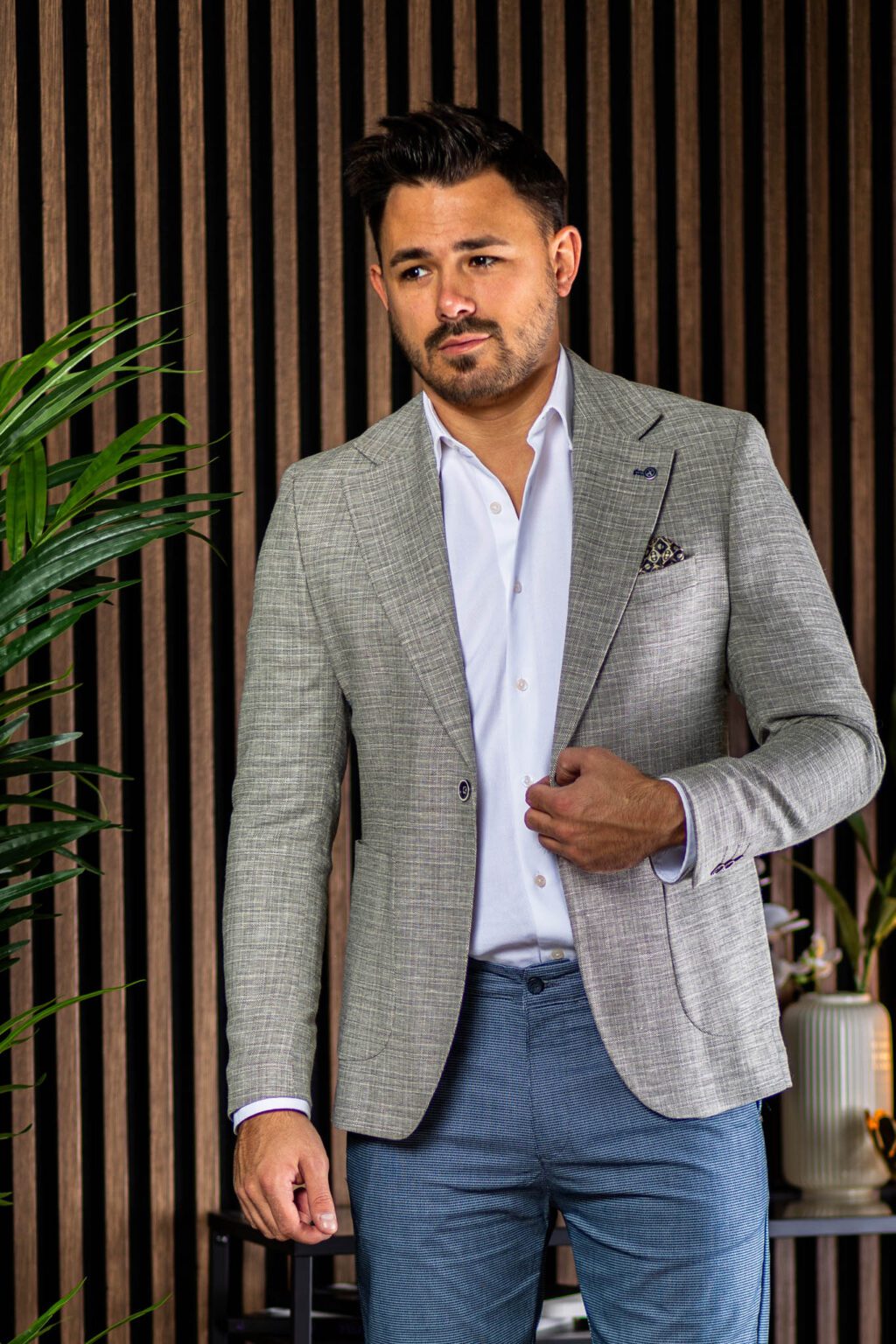 Világos Zöld Szövött Kockás Slim Fit Sportzakó