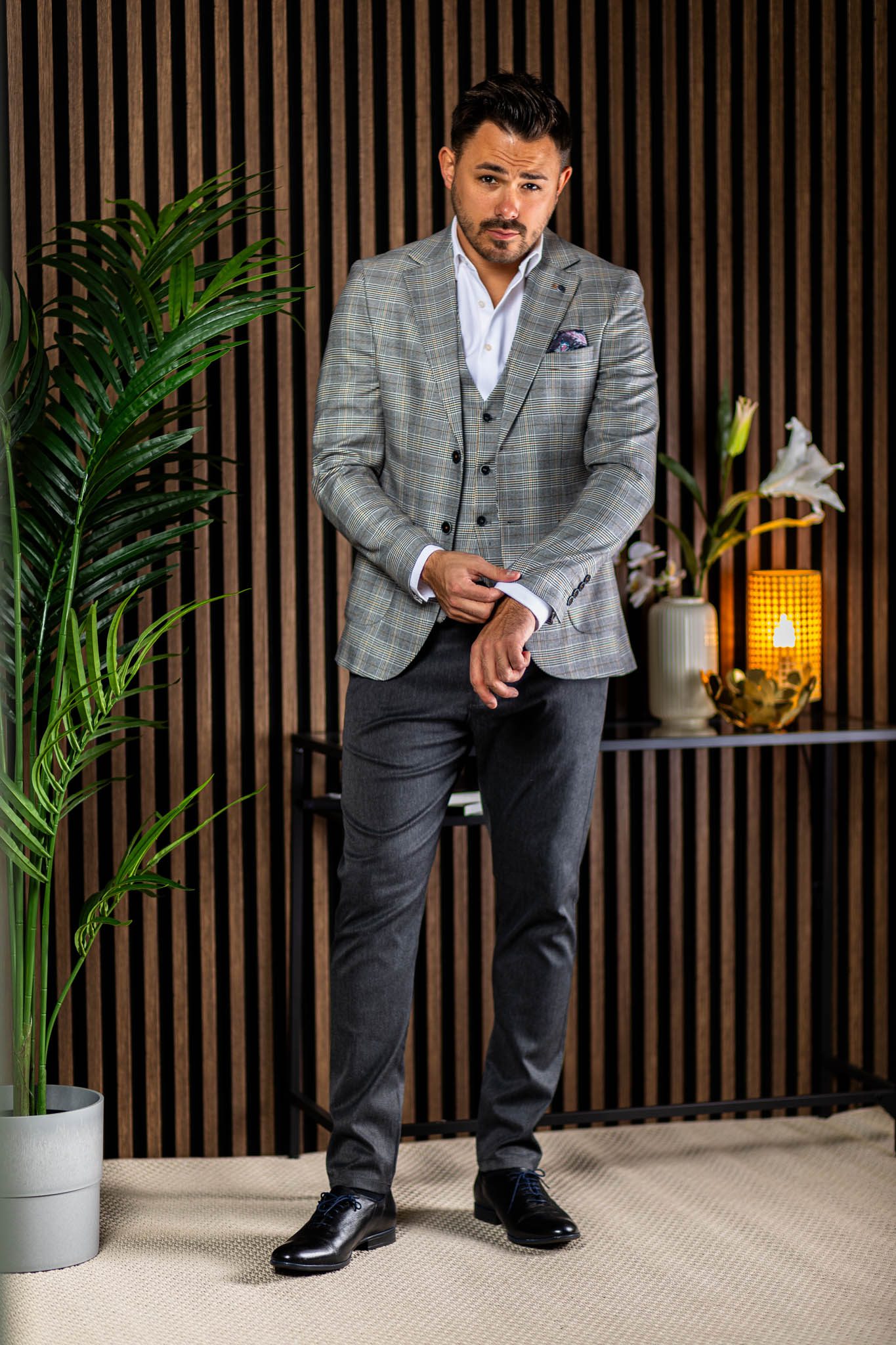 Szürke Kockás Slim Fit Mellény Szürke Kockás Slim Fit Mellény