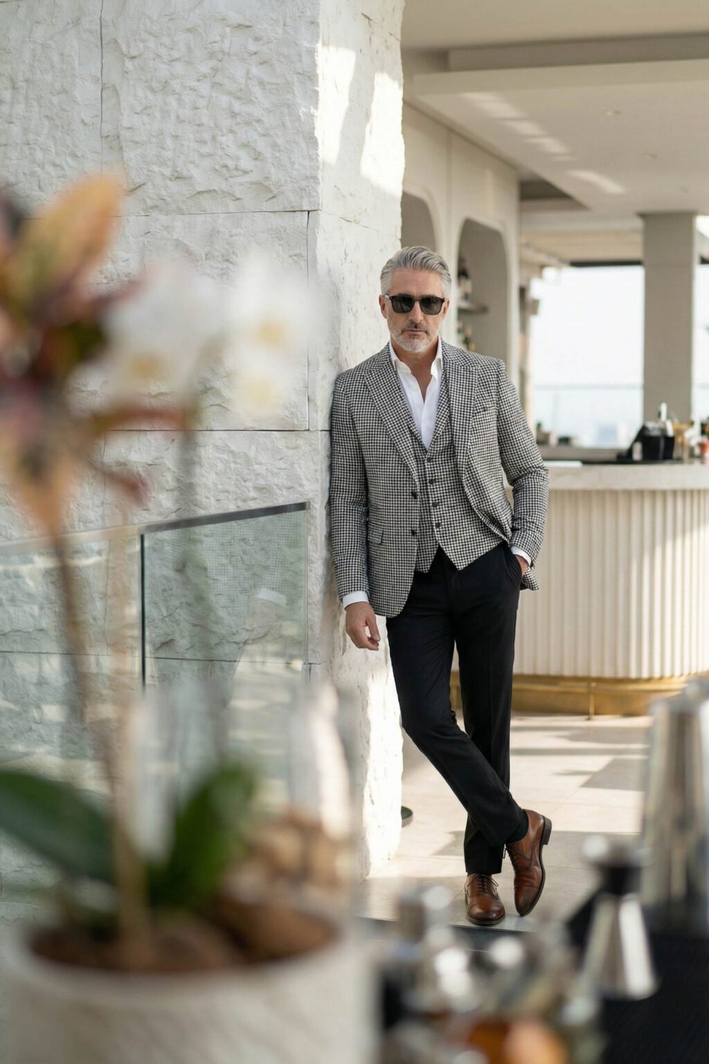 Fekete Fehér Kockás Slim Fit Sportzakó