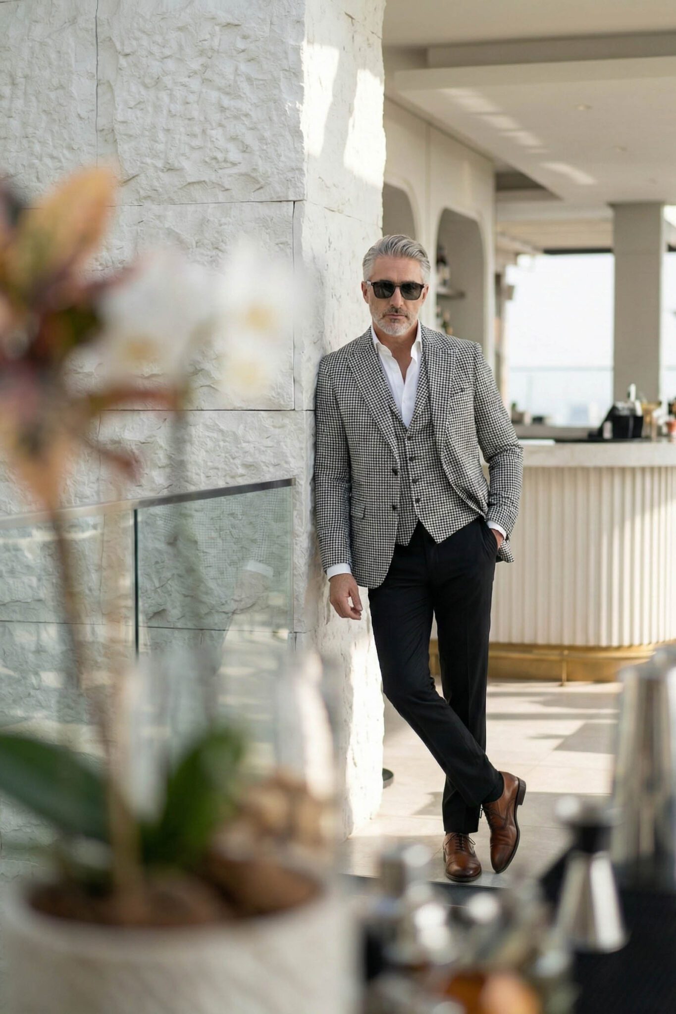 Fekete Fehér Kockás Slim Fit Sportzakó