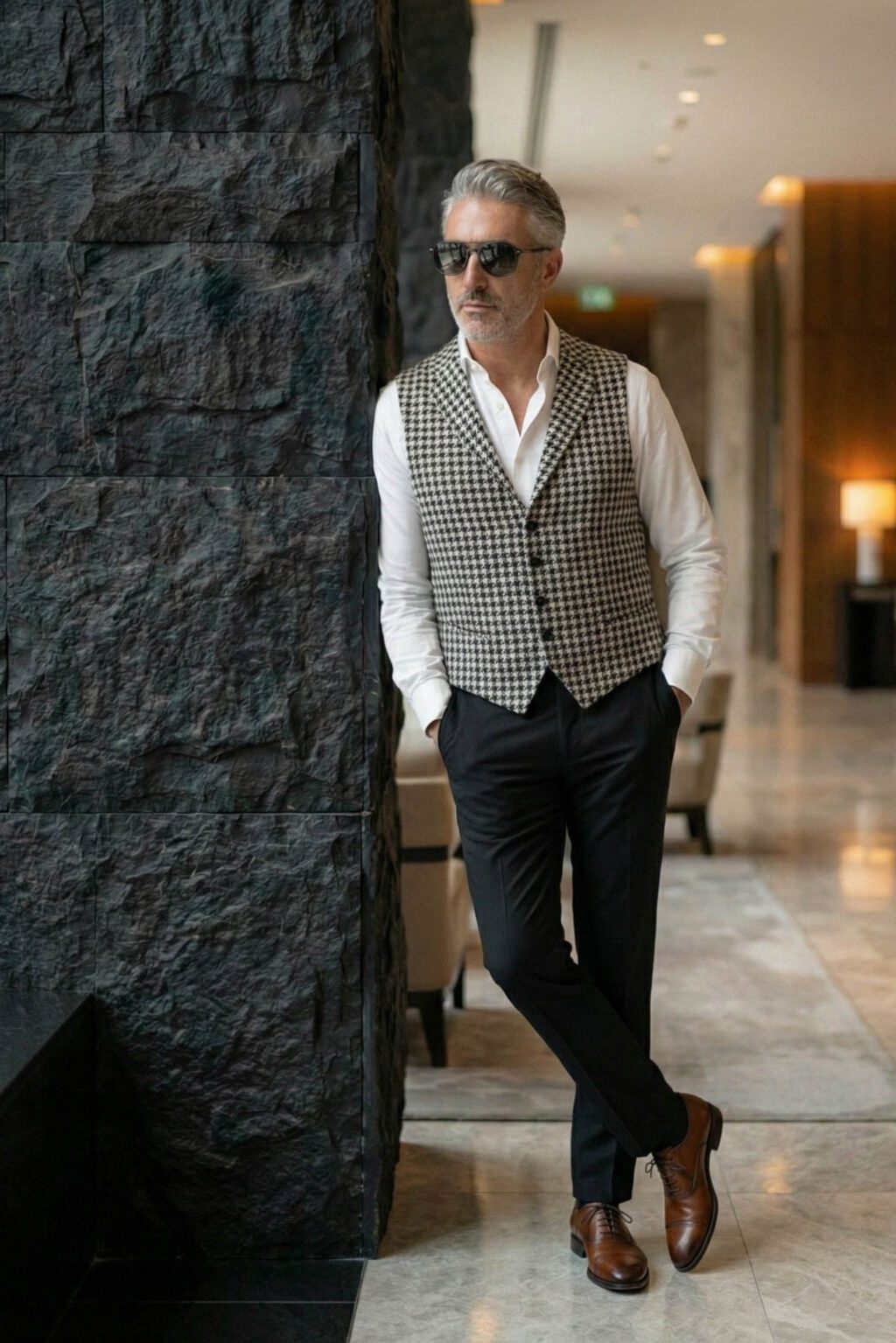 Fekete Fehér Kockás Slim Fit Mellény