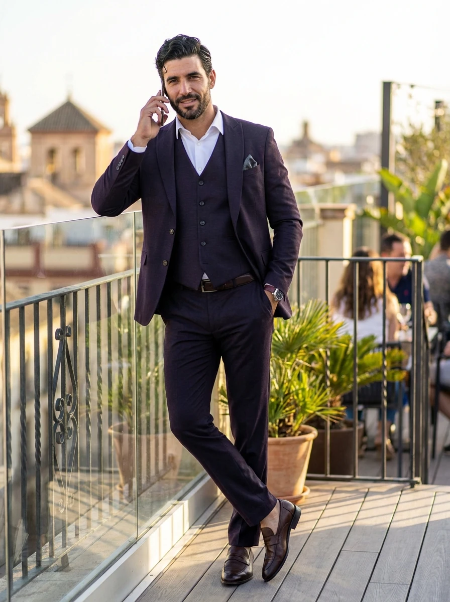 Bordó Fekete Mintás Háromrészes Slim Öltöny