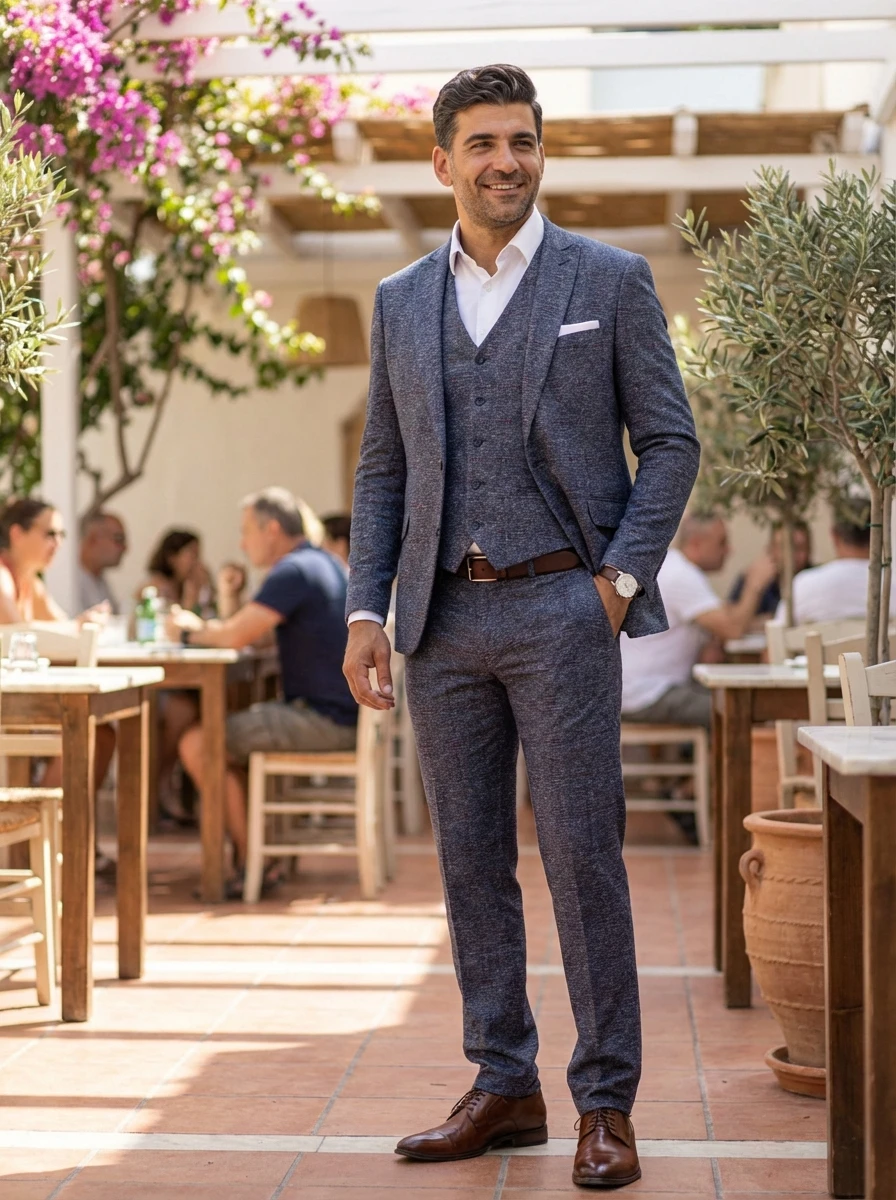 Szürke Bordó Kockás Háromrészes Slim Öltöny