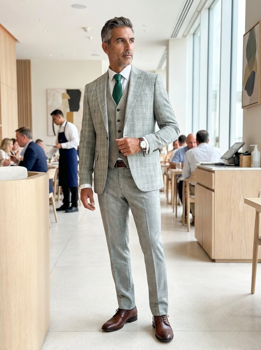 Világos Zöld Kockás Háromrészes Slim Öltöny