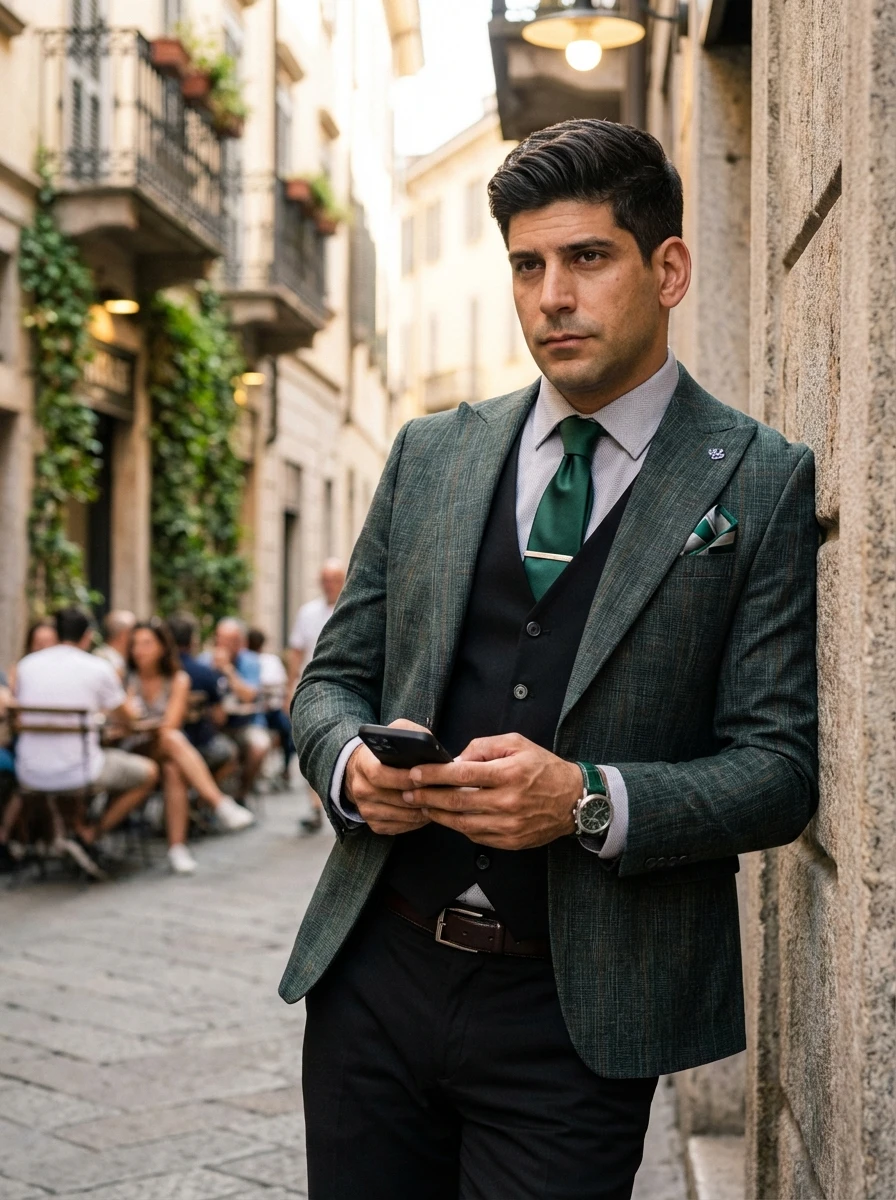 Zöld Kockás Slim Fit Háromrészes Öltöny Zöld Kockás Slim Fit Háromrészes Öltöny