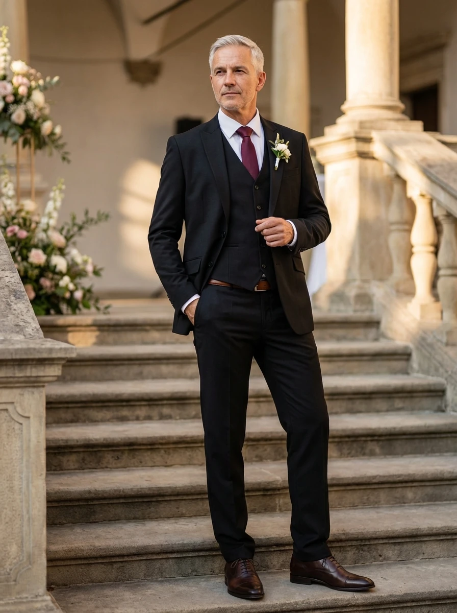 Fekete Gyapjú Háromrészes Öltöny