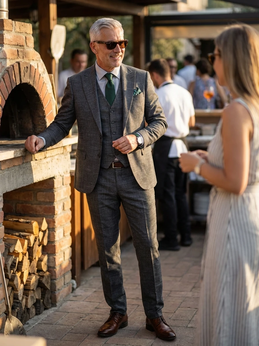 Szürke Szövöttmintás Háromrészes Slim Öltöny