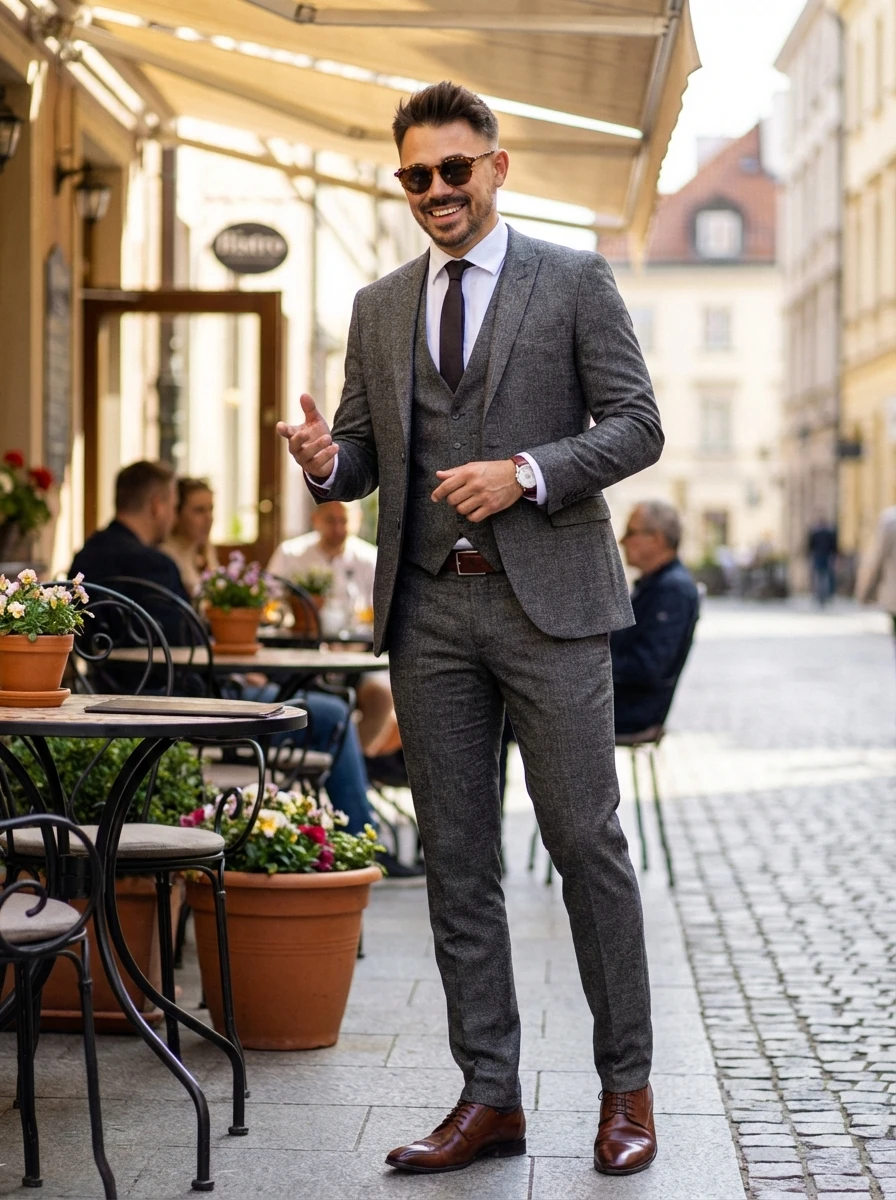 Középszürke Kockás Háromrészes Öltöny