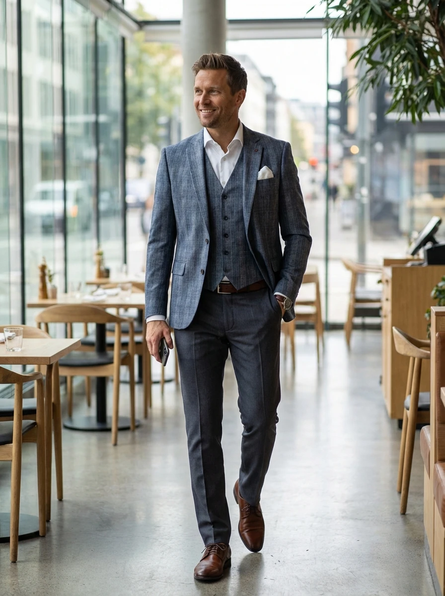 Szürke Kékkockás Ötrészes Slim Öltöny