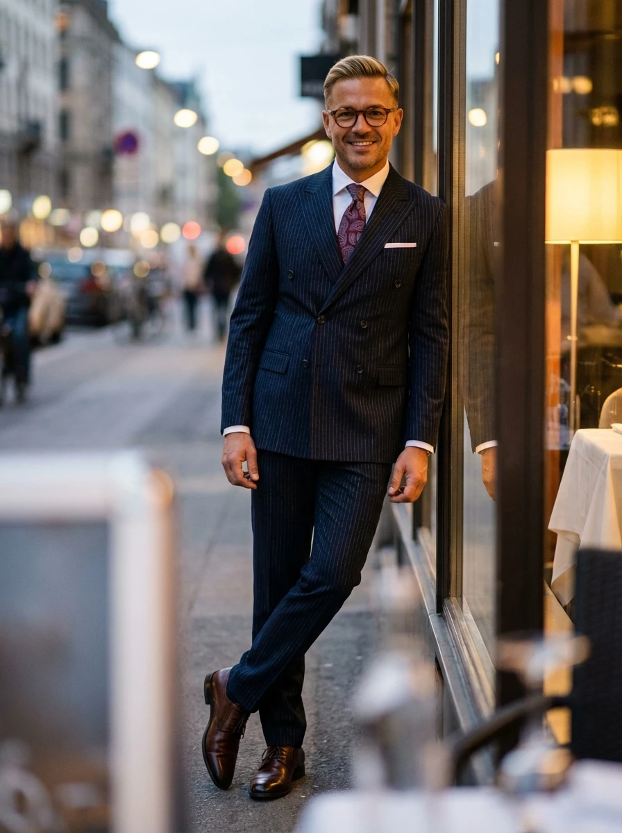 Sötétkék Csíkos Kétrészes Slim Öltöny