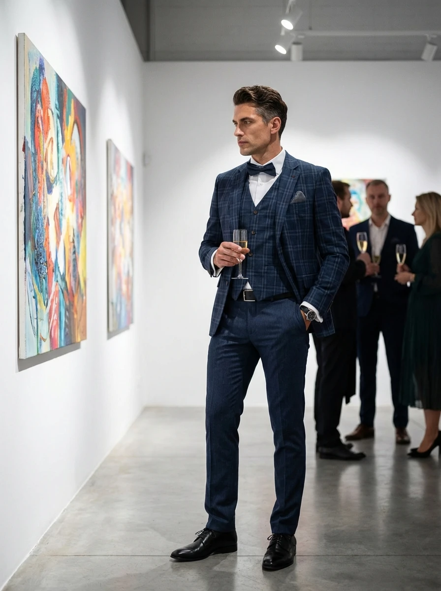 Kék Kockás Ötrészes Slim Öltöny