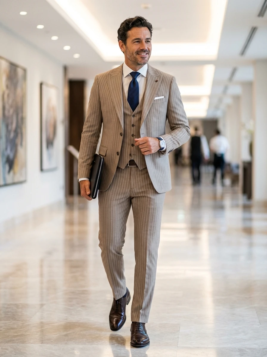 Kávébarna Csíkos Háromrészes Slim Öltöny