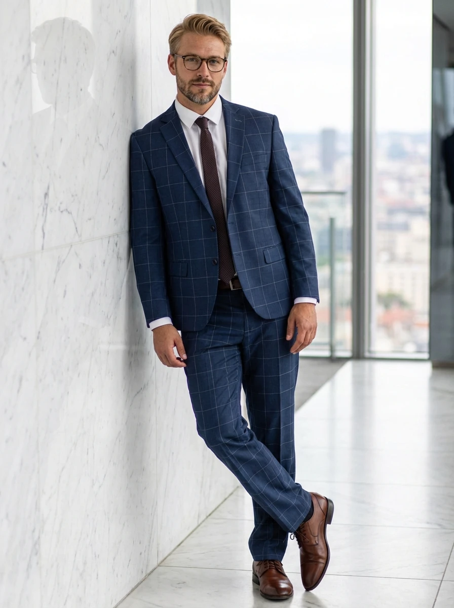 Középkék Kockás Öltöny