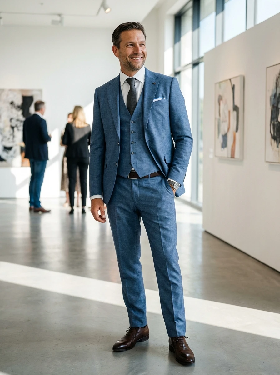 Farmerkék Háromrészes Slim Öltöny