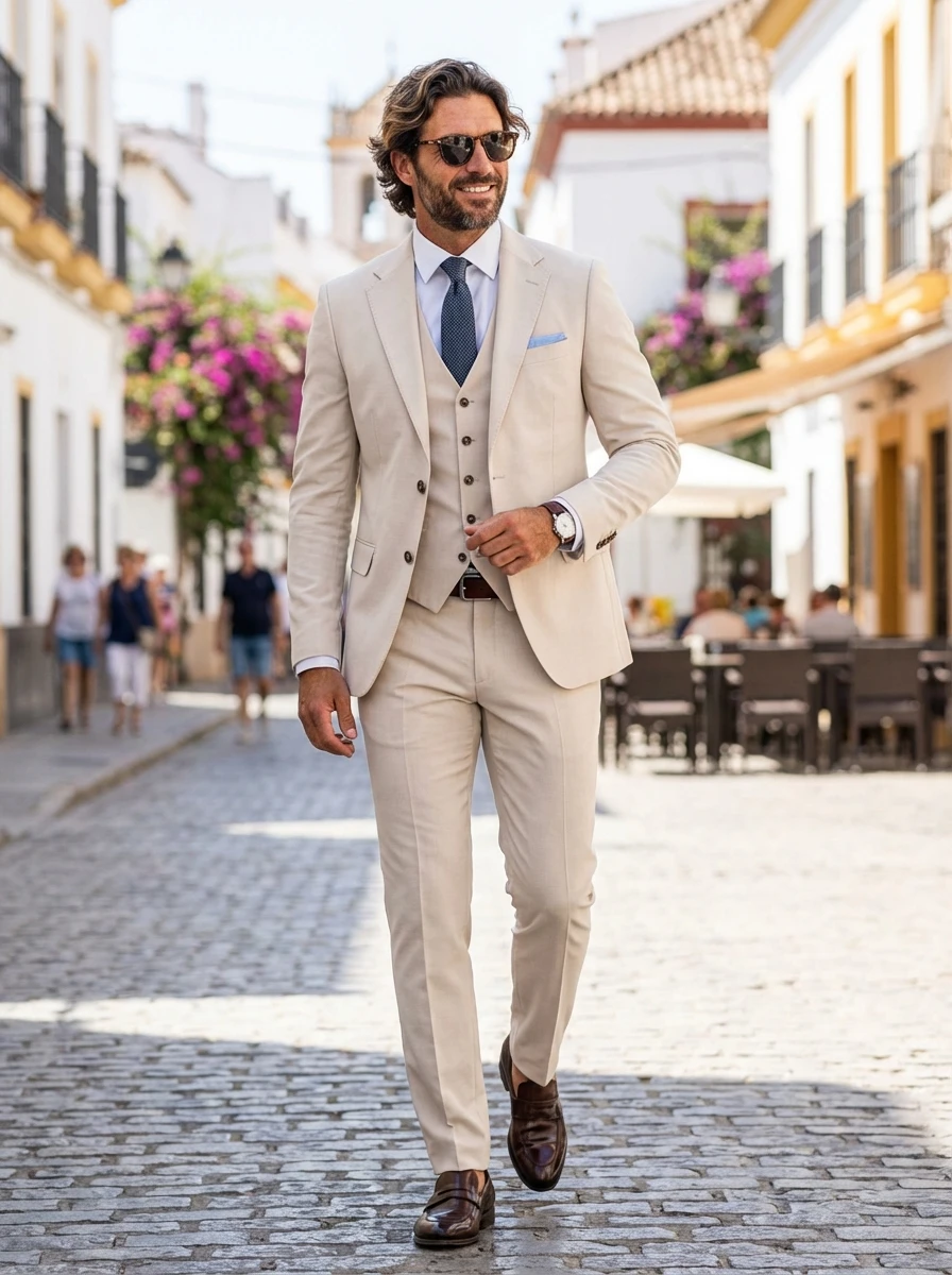 Világoskrém Háromrészes Slim Öltöny