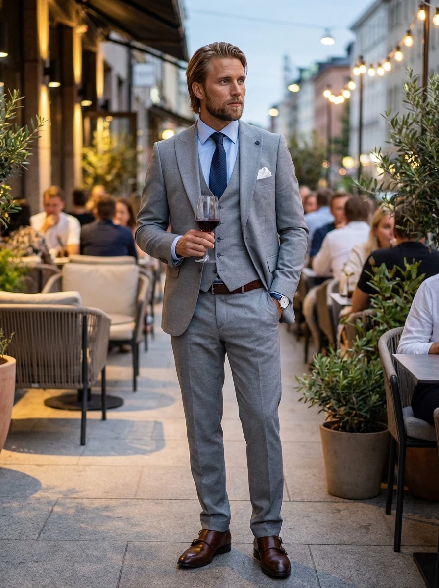 Világosszürke Háromrészes Slim Öltöny