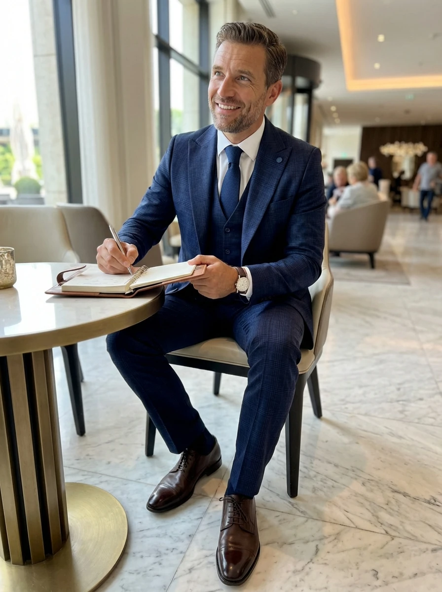 Tintakék Kockás Háromrészes Slim Öltöny