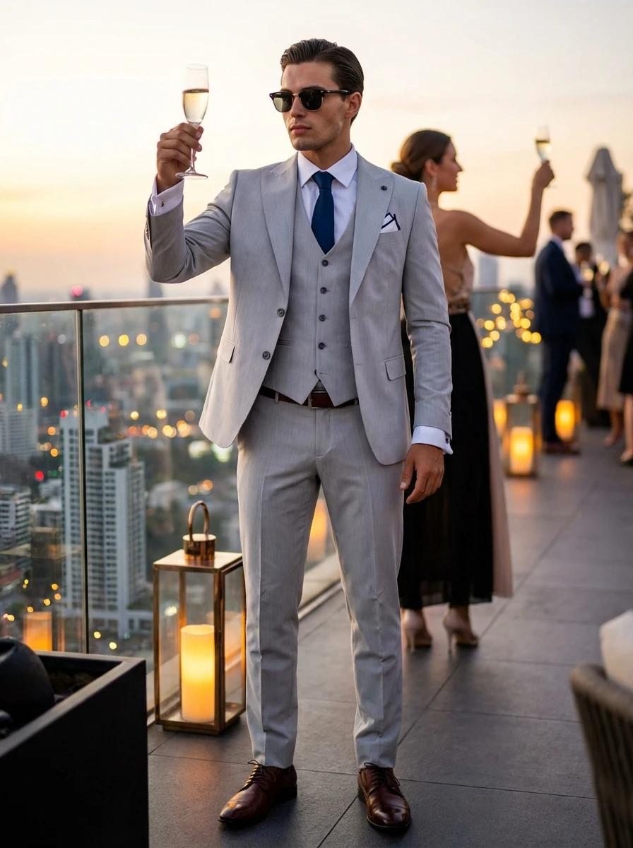 Homokszürke Háromrészes Slim Öltöny