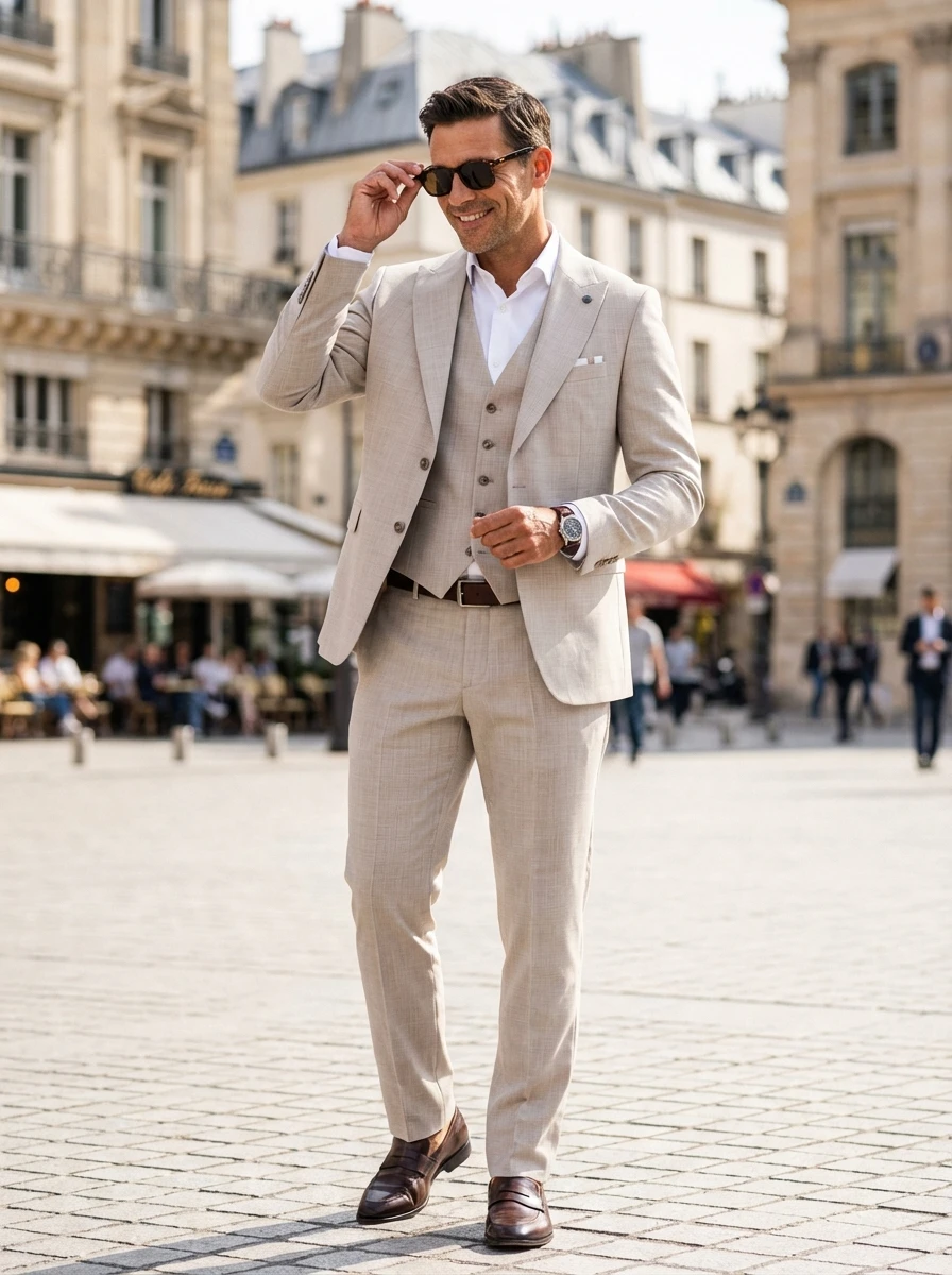 Világosdrapp Háromrészes Slim Öltöny