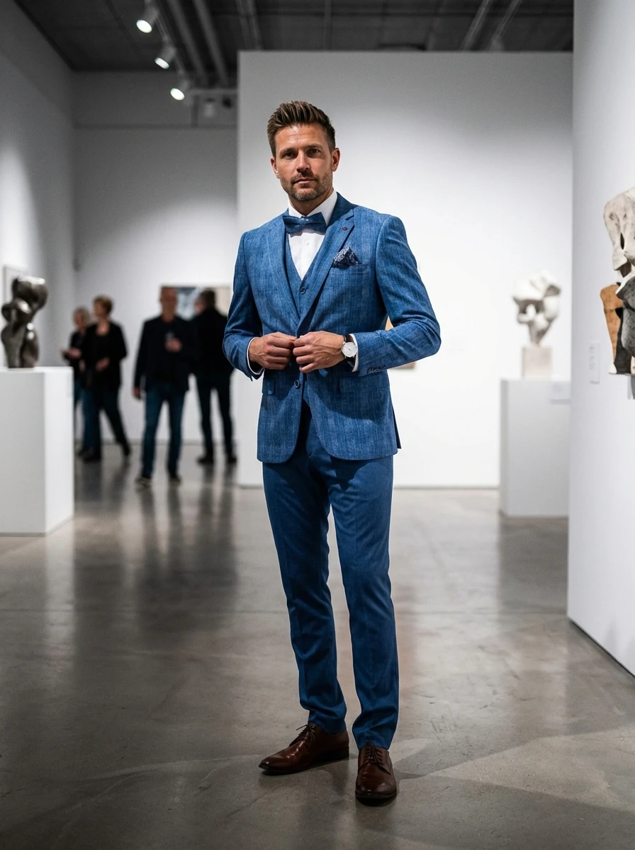 Világoskék Kockás Ötrészes Slim Öltöny