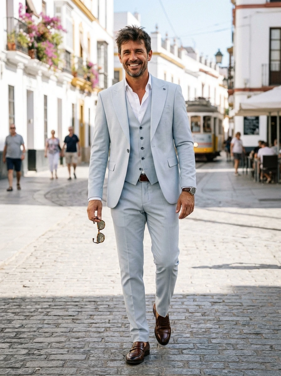 Halványkék Háromrészes Slim Öltöny