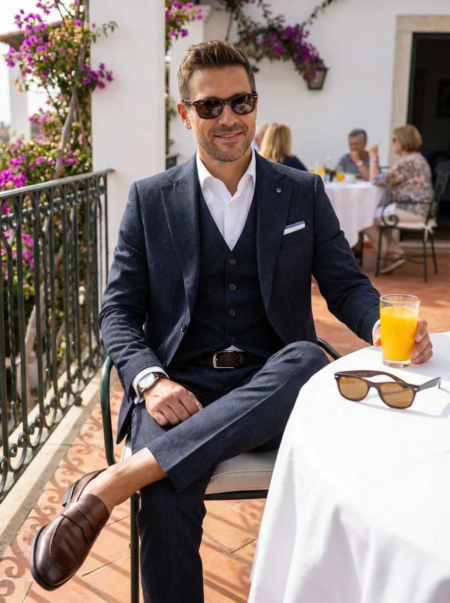 Sötétkék Csíkos Háromrészes Slim Öltöny