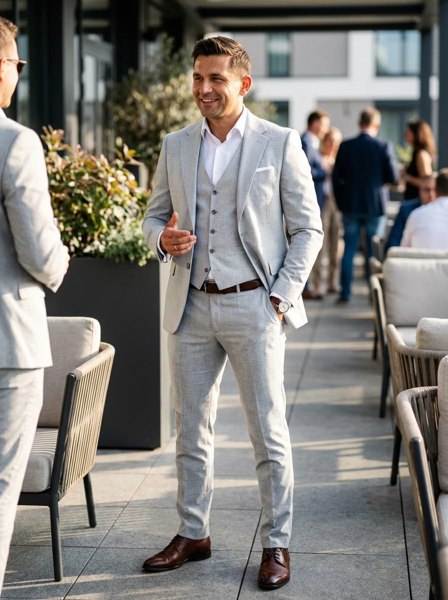 Világosszürke Háromrészes Slim Öltöny Világosszürke Háromrészes Slim Öltöny