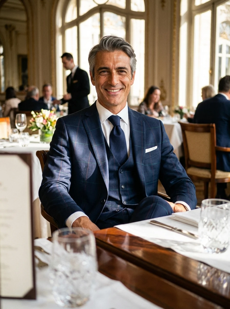 Sötétkék Színes Kockás Háromrészes Slim Öltöny