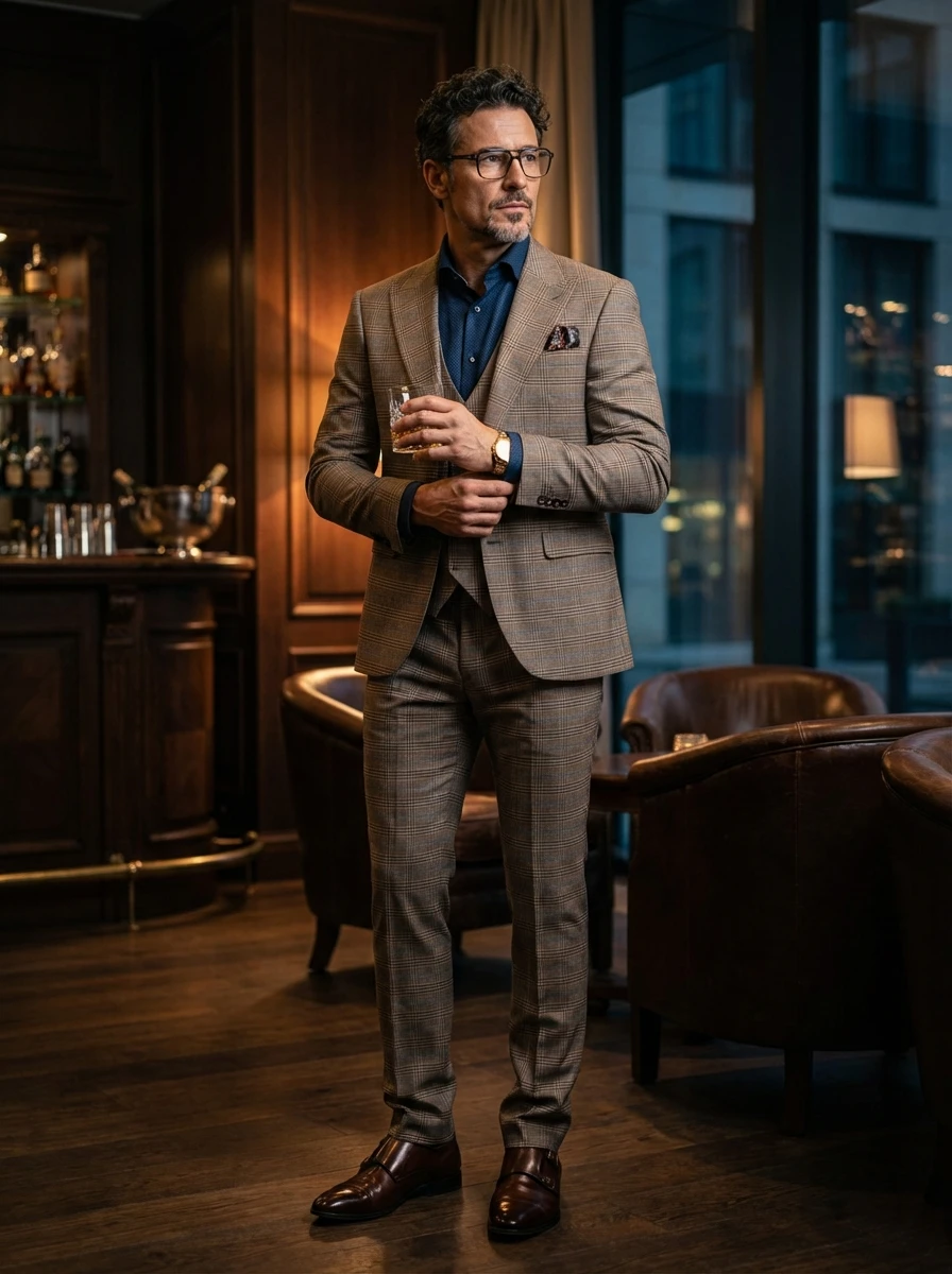 Mogyoróbarna Kockás Háromrészes Öltöny