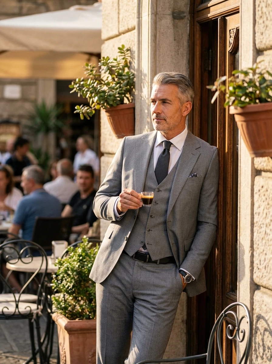 Szürke Háromrészes Slim Öltöny Szürke Háromrészes Slim Öltöny