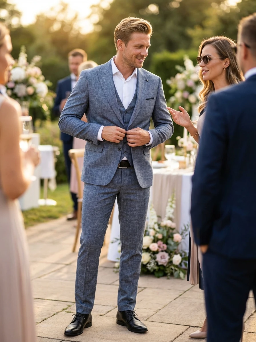 Szürkés Kék Háromrészes Slim Öltöny