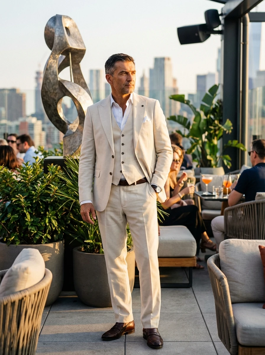 Naturbézs Háromrészes Slim Öltöny