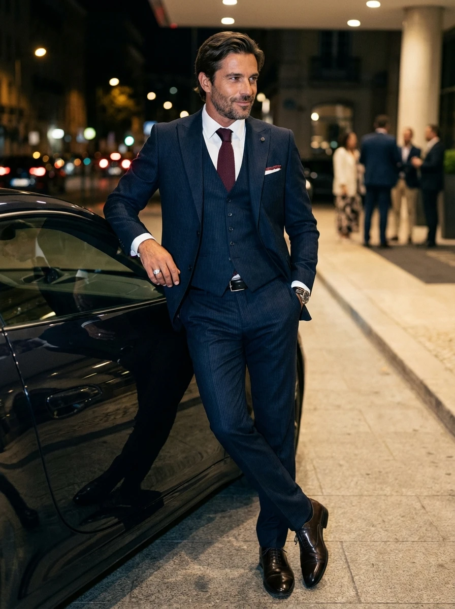 Sötétkék Csíkos Háromrészes Slim Öltöny