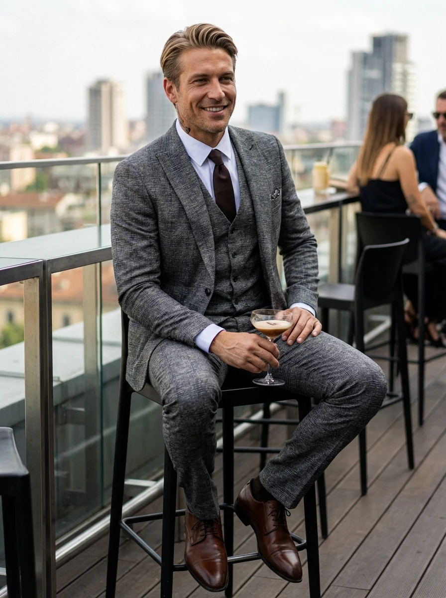 Szürke Kék Kockás Háromrészes Slim Öltöny