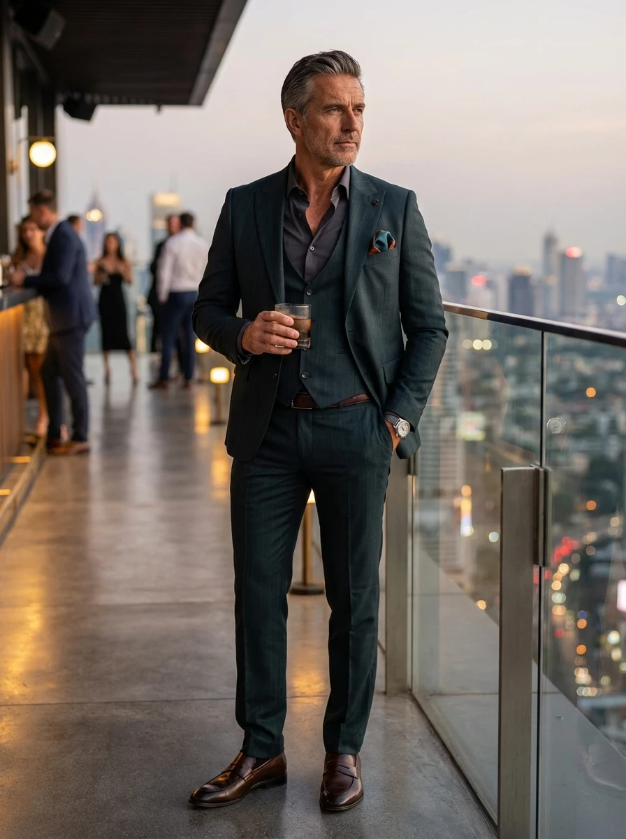 Olajzöld Háromrészes Slim Öltöny