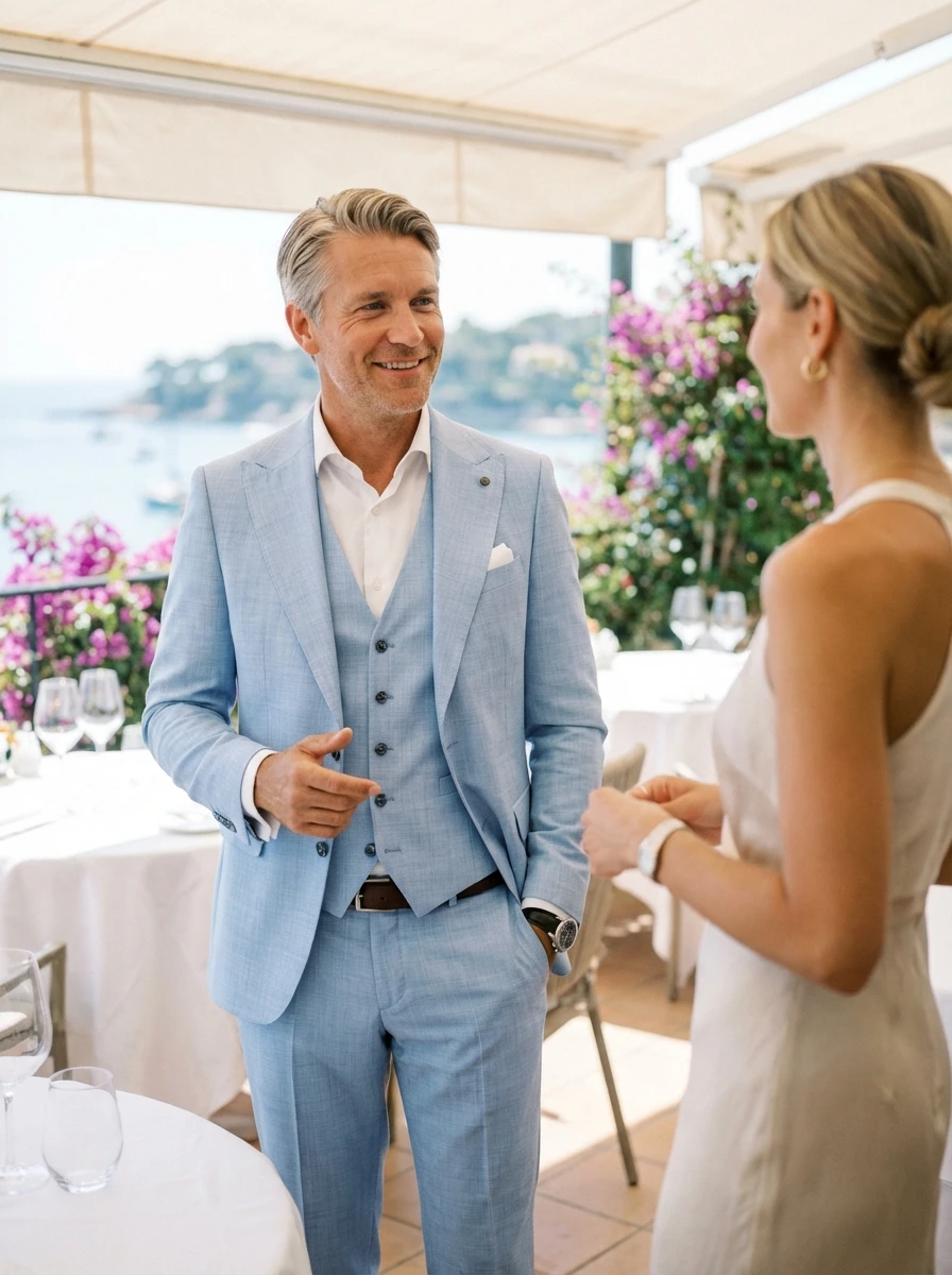 Vízkék Háromrészes Slim Öltöny