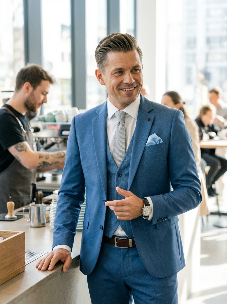 Világoskék Ötrészes Slim Öltöny Világoskék Ötrészes Slim Öltöny