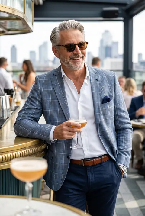 Szürke Kék Fehér Kockás Slim Fit Sportzakó