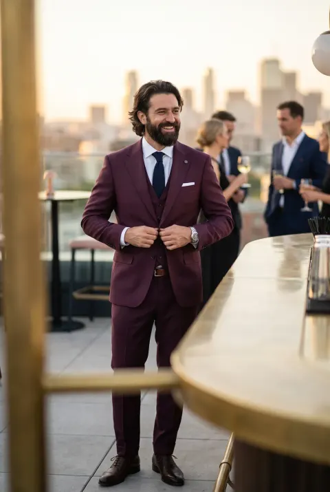 Bordó háromrészes slim fit öltöny peak-gallérral